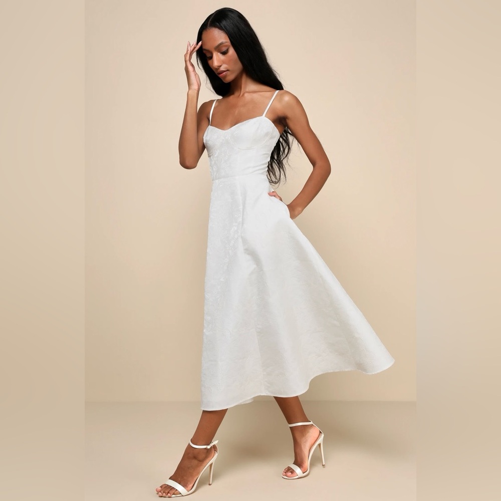 Meet for Tea White Jacquard Bustier Midi Dress With Pockets